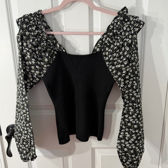 Anthropologie Black Floral Puff Sleeve top small Ribbed knit NWT $98 - Picture 6 of 10